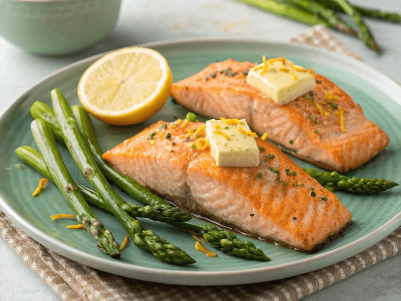 Zarter Lachs mit Zitronenbutter und grünem Spargel, zubereitet im Airfryer – ein gesundes Low-Carb Rezept.