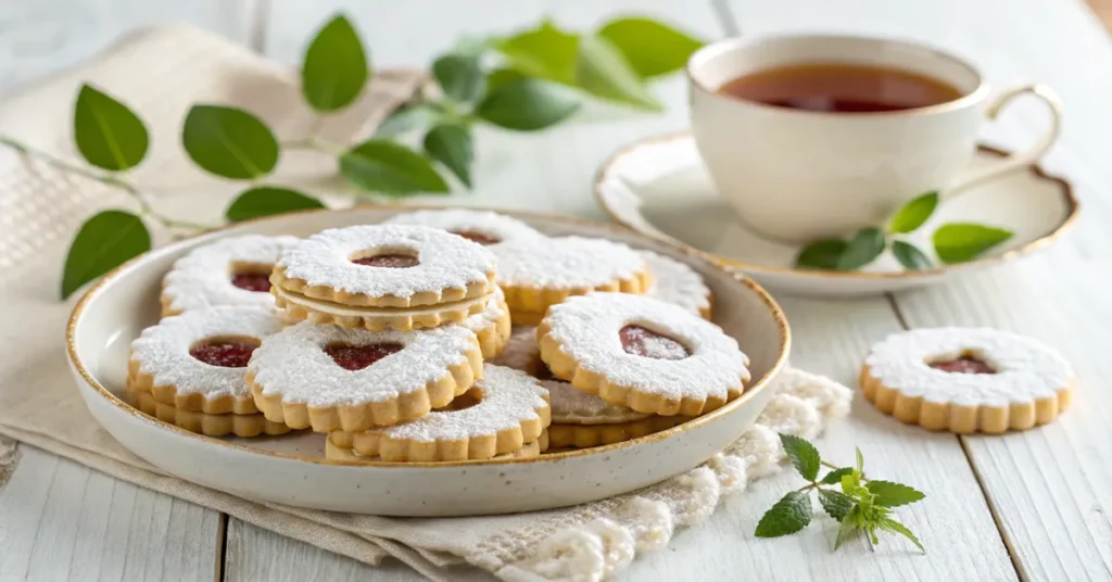 Linzer Augen Kekse mit Puderzucker auf einem rustikalen Holztisch neben einer Tasse Tee