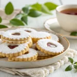 Linzer Augen Kekse mit Puderzucker auf einem rustikalen Holztisch neben einer Tasse Tee