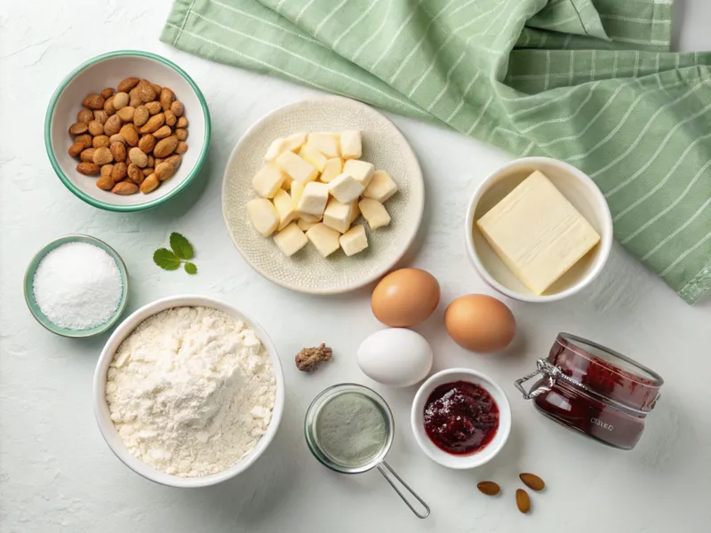 Zutaten für Linzer Augen wie Mehl, Butterwürfel, Eier und Marmelade auf einer weißen Arbeitsfläche