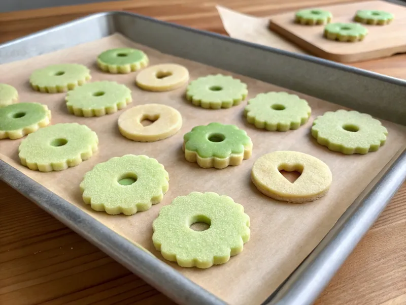 Linzer Keksteig ausgestochen und auf Backpapier gelegt