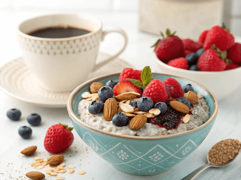 Eine Low-Carb-Version des Bircher Müslis mit Chiasamen, frischen Beeren und Mandelsplittern.