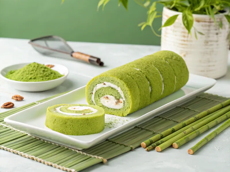 Grüne Matcha-Biskuitrolle mit cremiger Matcha-Füllung auf einem minimalistischen Teller.