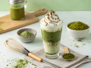 Matcha Eiskaffee Rezept: Grüner Tee und Espresso mit Sahne, dekoriert mit Matcha-Pulver.