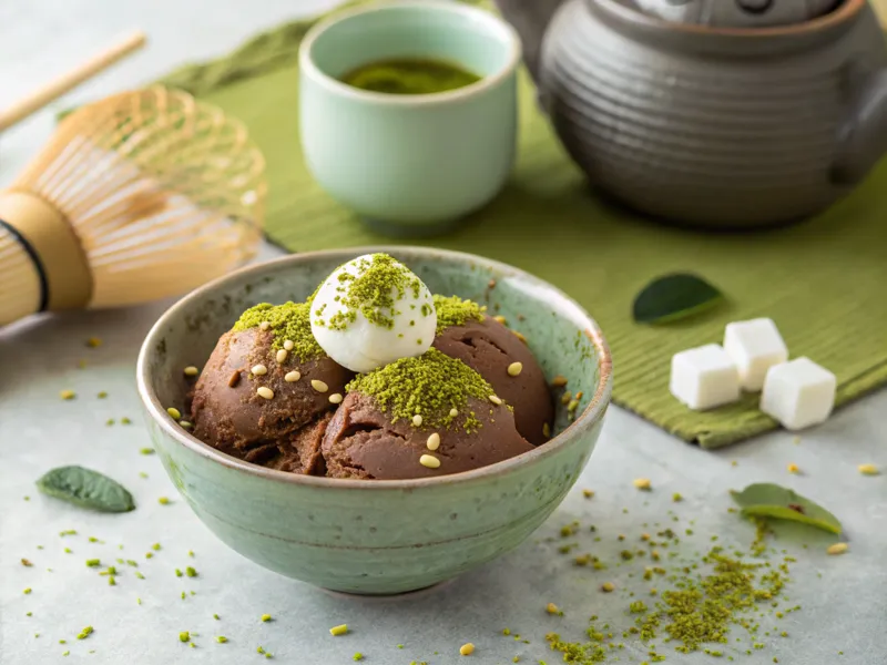 Schokoladeneis mit Matcha-Pulver, serviert mit Mochi und Sesam.