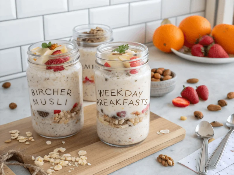 Bircher Müsli in Glasbehältern, vorbereitet für die Woche mit unterschiedlichen Toppings.