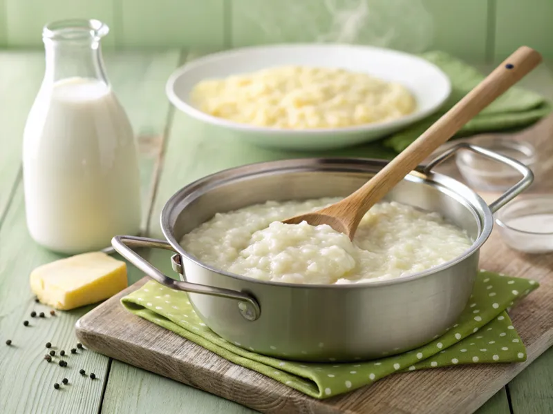 Cremiger Milchreis in einem Topf auf dem Herd, gerührt mit einem Holzlöffel. Flasche Milch und Schale Zucker im Hintergrund