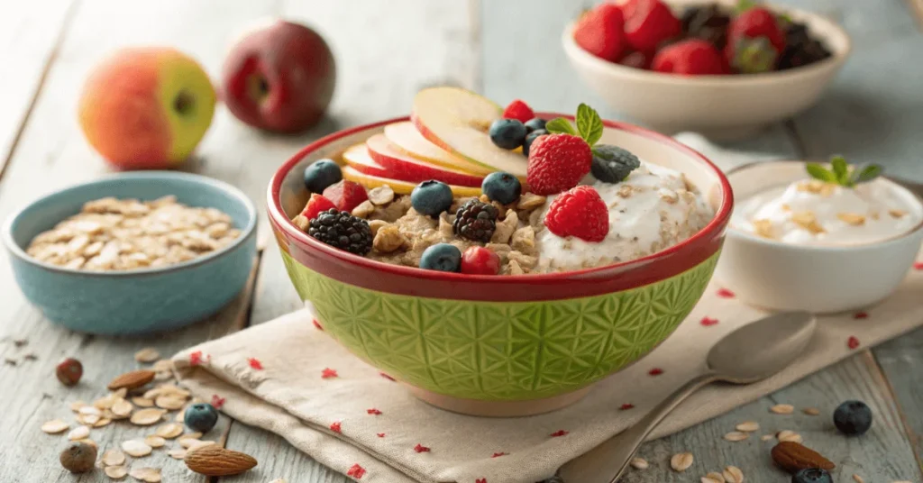 Traditionelles Bircher Müsli mit Haferflocken, geriebenen Äpfeln, Joghurt und frischen Beeren in einer Schüssel.