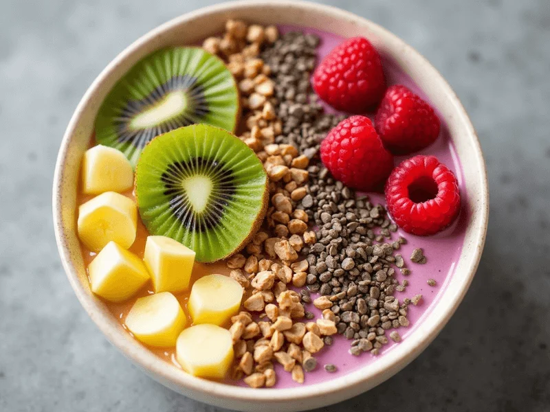 Pflanzliches Bircher Müsli angerichtet mit Haferflocken, Mandelmilch, Himbeeren und gehackten Pistazien.