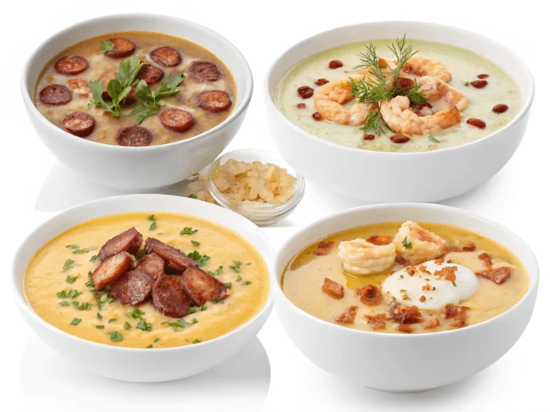 Vier Varianten von Kartoffelsuppe mit Würstchen, Speck und Garnelen.