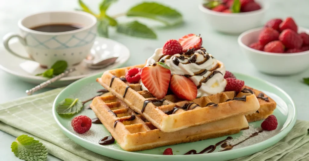 Rezept Belgische Waffeln: Perfekte Belgische Waffeln mit frischen Toppings wie Schlagsahne, Beeren und Schokoladensauce