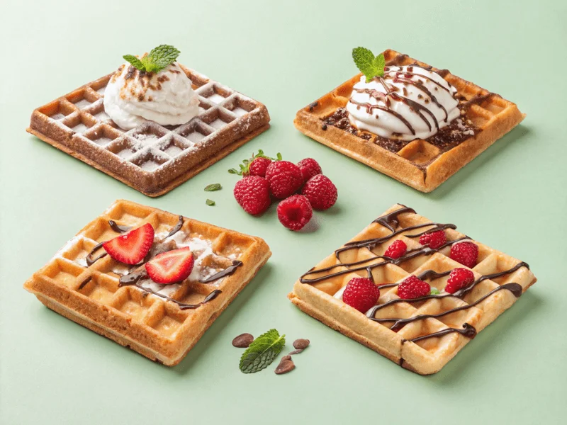 Collage von Belgischen Waffeln mit verschiedenen Serviervarianten: Brüsseler Waffeln mit Puderzucker und Sahne, Lütticher Waffeln mit karamellisierter Kruste, Brüsseler Waffeln mit Schokoladensoße und Himbeeren, sowie herzhafte Lütticher Waffeln mit geschmolzenem Käse und Kräutern.