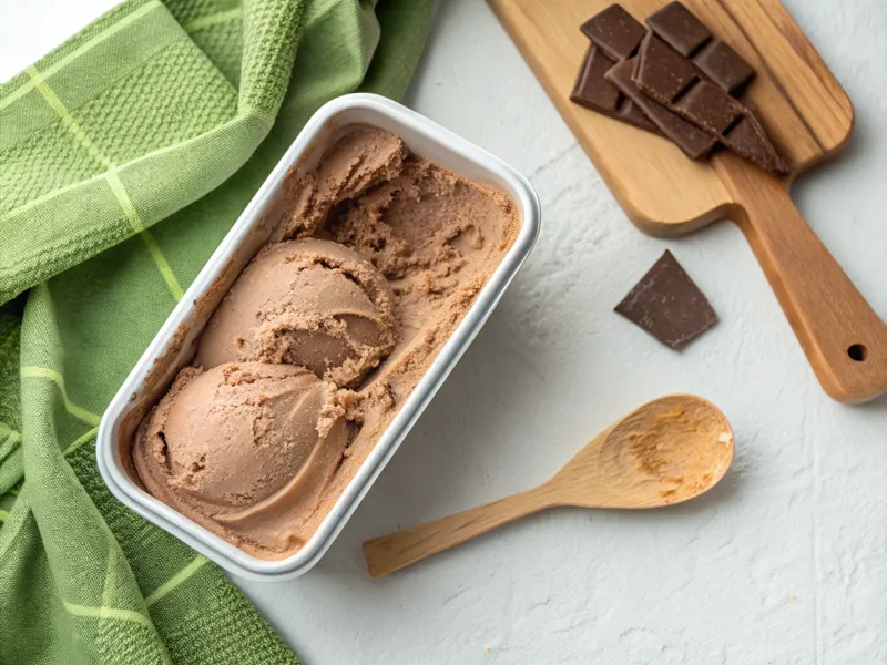 Semi-frozen Schokoladeneis ohne Eismaschine mit Holzspatel und grünem Küchentuch.