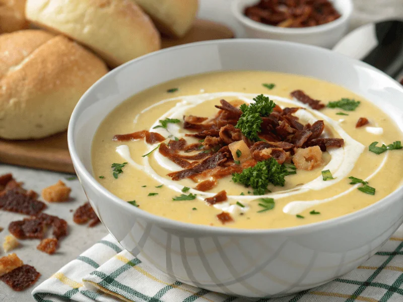 Kartoffelsuppe mit Speckwürfeln und Sahne dekoriert.