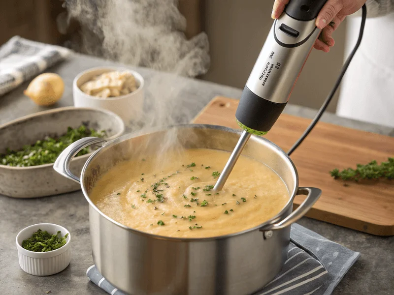 Kartoffelsuppe wird mit einem Stabmixer püriert.