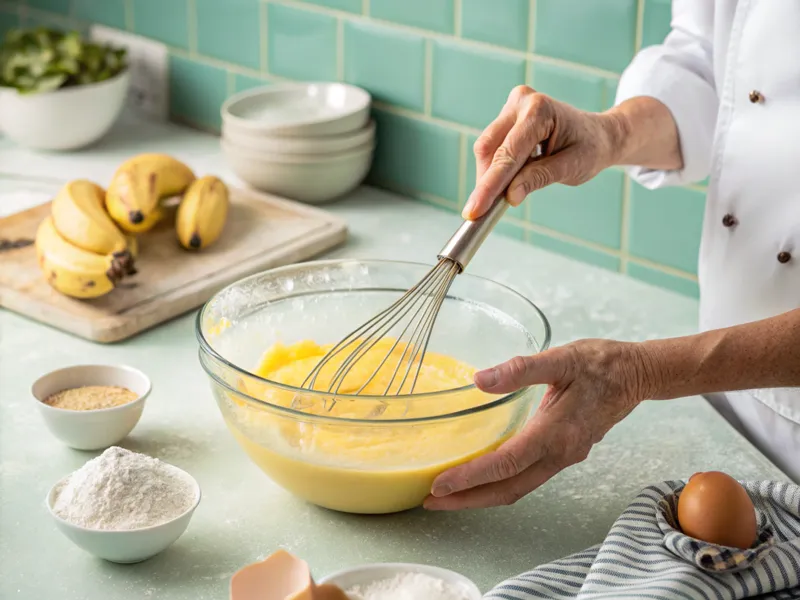 Hände schlagen Kuchenteig in einer Glasschüssel auf; reife Bananen und andere Zutaten sind im Hintergrund sichtbar