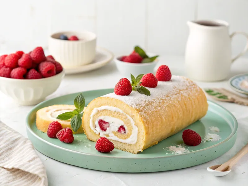 Vegane Biskuitroulade gefüllt mit Kokoscreme und Himbeeren auf einem hellgrünen Teller.