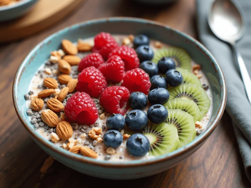 Schüssel veganes Bircher Müsli mit Haferflocken, frischen Beeren, geriebenen Äpfeln, Chiasamen und gehackten Mandeln.