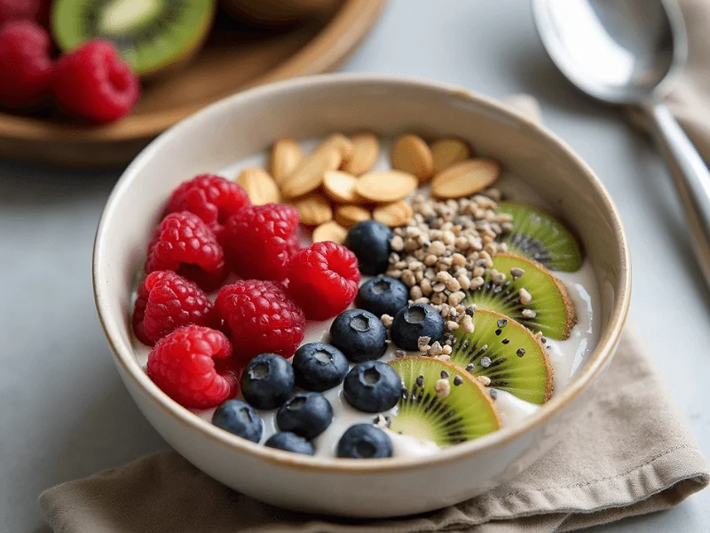 Frisch zubereitetes veganes Bircher Müsli mit Beeren, Mandeln und Chiasamen, serviert in einer modernen Schüssel.