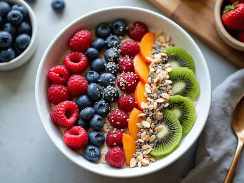 Veganes Bircher Müsli aus Mandelmilch, Sojajoghurt und frischen Früchten wie Himbeeren, Heidelbeeren und Kiwi, stilvoll angerichtet.