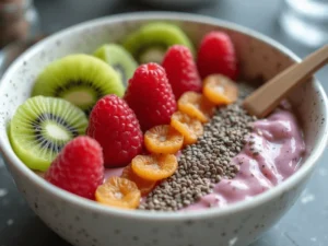 Veganes Bircher Müsli mit Haferflockenbasis, Mandelmilch und frischen Erdbeeren als Topping.