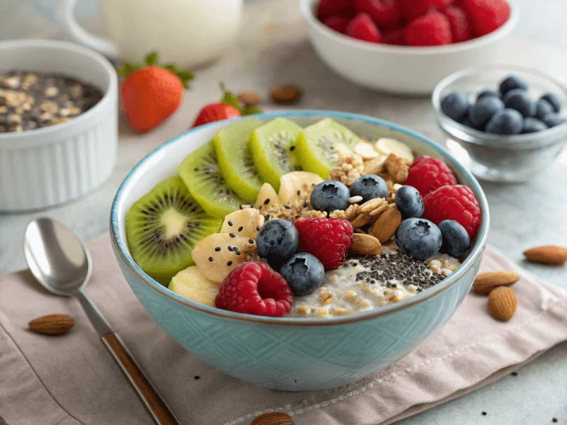 Farbenfrohes veganes Bircher Müsli mit Sojajoghurt, Mandelmilch, frischen Himbeeren, Heidelbeeren, und gehackten Mandeln, angerichtet in einer Schüssel.