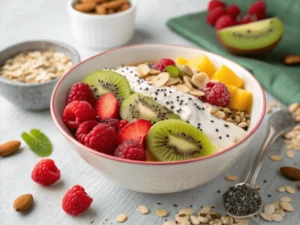 Frisch zubereitetes veganes Bircher Müsli mit Beeren, Mandeln und Chiasamen, serviert in einer modernen Schüssel.