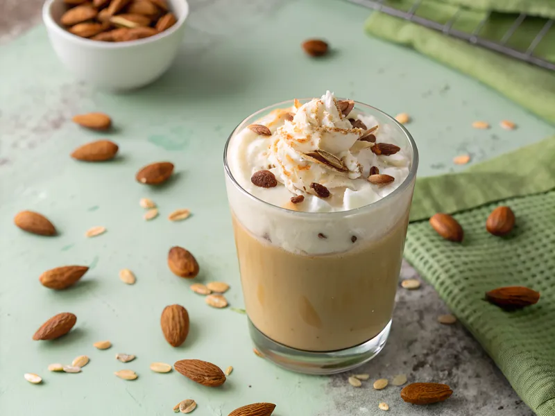 Veganes Eiskaffee Rezept mit Mandelmilch und Kokossahne, garniert mit Mandelblättern.