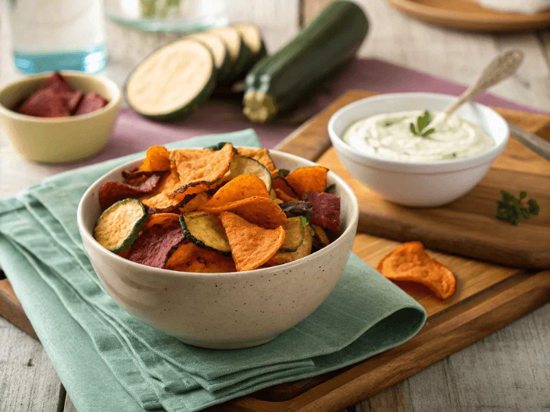 Bunter Mix aus Gemüsechips – Süßkartoffeln, Zucchini und Paprika – aus dem Airfryer.