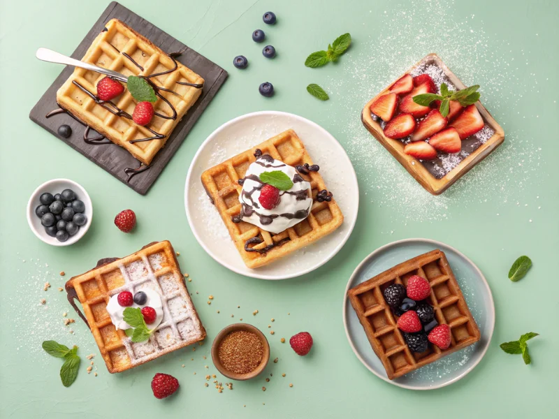 Collage mit verschiedenen Belgischen Waffeln: Brüsseler Waffeln mit Früchten und Sahne, Lütticher Waffeln mit karamellisierter Kruste und herzhafte Waffeln mit Käse und Kräutern.