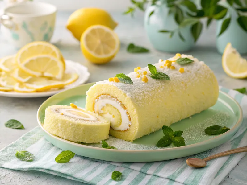 Erfrischende Zitronen-Biskuitroulade mit himmlischer Zitronencreme und frischer Zitronenschale.