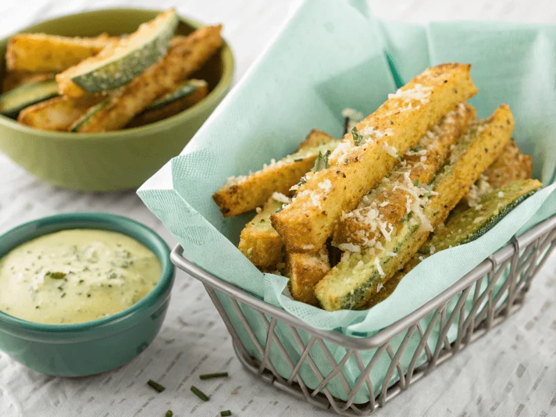 Knusprige Zucchini-Pommes, paniert mit Parmesan und Paniermehl, zubereitet im Airfryer.