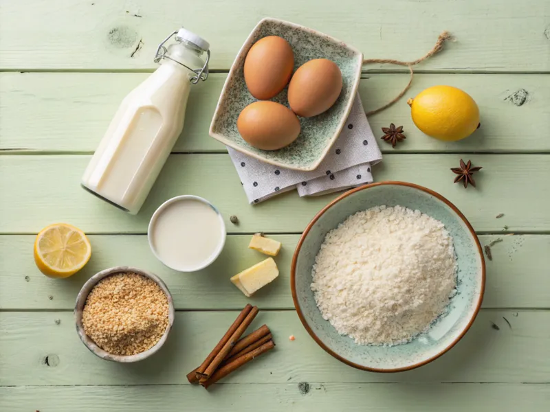 Zutaten für Reisauflauf: Milch, Milchreis, Zucker, Eier, Butter, Zimt und Zitronenschale auf einem Holztisch angeordnet.