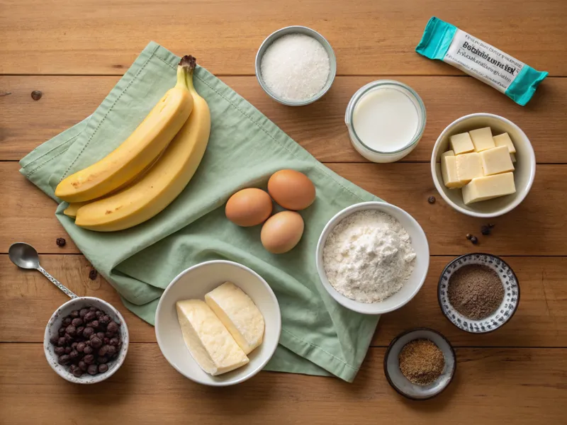 Zutaten für eine klassische Bananenschnitte: reife Bananen, Mehl, Zucker, Eier, Butter, Milch, Vanillezucker, Schlagsahne und geraspelte Zartbitterschokolade