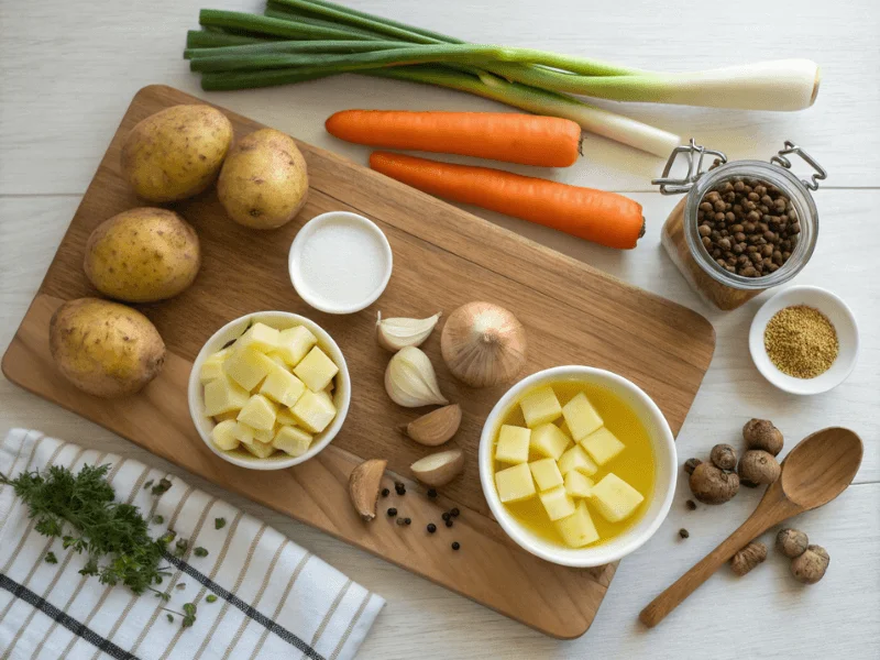 Zutaten für Kartoffelsuppe wie Kartoffeln, Karotten und Lauch auf Holzbrett.