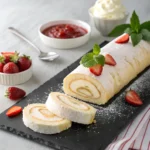 Fluffige Biskuitroulade mit Erdbeermarmelade und Schlagsahne – einfaches Rezept auf schwarzer Schieferplatte serviert