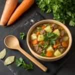 Hackfleisch Eintopf serviert mit frischem Baguette und knackigem Salat auf einem schwarzen Schieferhintergrund