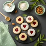 Frisch gebackene Linzer Augen mit Himbeermarmelade auf schwarzem Schiefer, umgeben von Zutaten und Weihnachtsdekoration